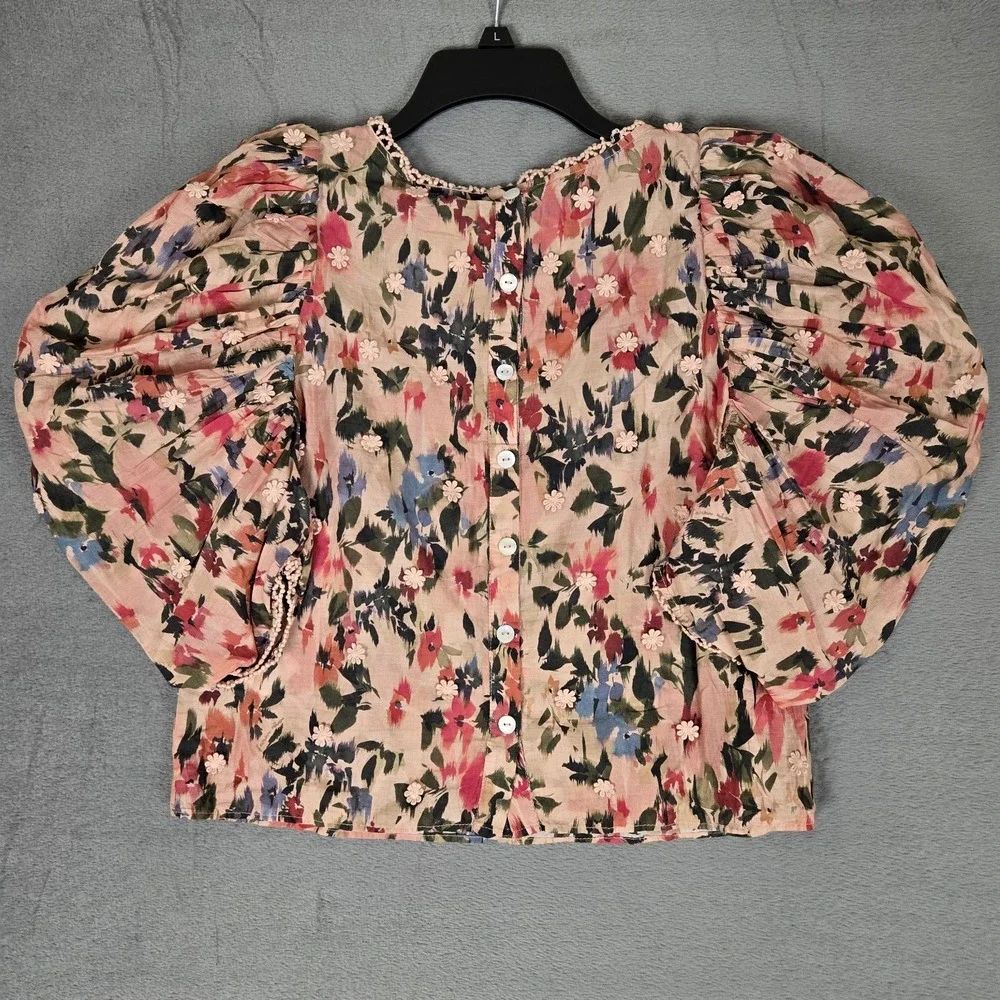 Farm Rio Anthropologie Puff-Sleeve Floral‎ Blouse Womens 2XS Top Button Lace NWT